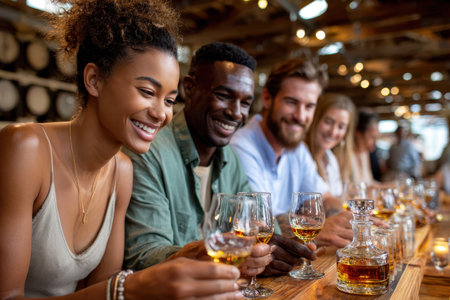 Five friends sample whiskey at a cozy distillery, sharing laughter and stories in a warm atmosphere.の写真素材