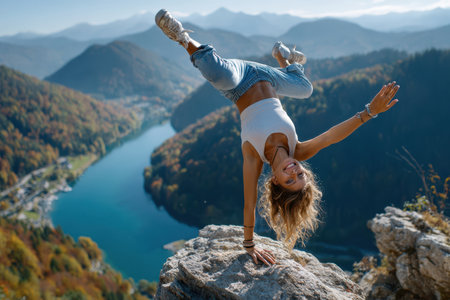 A woman balances in a handstand on a rock while surrounded by vibrant autumn scenery and a river below.の写真素材