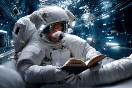 An astronaut floats in a spacecraft, deeply engrossed in reading a book while in zero gravity.の写真素材