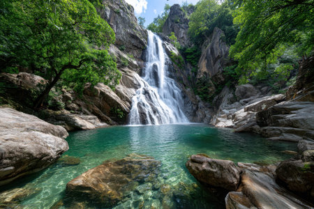 A waterfall plunges into a crystal clear green pool surrounded by rocks and lush foliageの写真素材