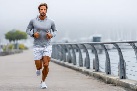 A man jogging on a foggy morning, shot with a telephoto lens, symbolizing determination and resilience, ultrarealistic photoの写真素材