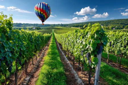 A hot air balloon drifts over rows of grapevines in a sunlit vineyardの写真素材