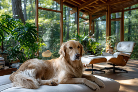 A golden retriever lounges on a plush sofa in a bright, airy cabin filled with plants.の写真素材
