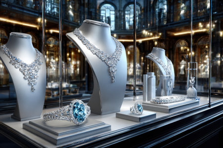 Sparkling diamond jewelry displayed in an elegant boutique windowの写真素材