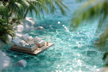 Two lounge chairs are set on a wooden dock surrounded by crystal clear turquoise water and tropical foliage.の写真素材