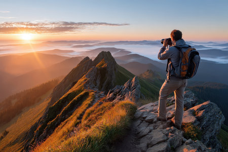 Hiker stands on rocky outcrop, photographing the stunning sunrise illuminating distant mountains.の写真素材