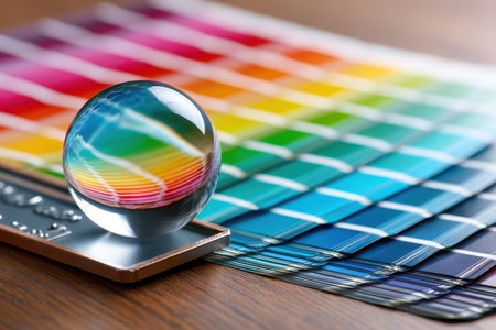 A crystal sphere rests next to a colorful paint palette displaying various shades, creating an artistic setup.の写真素材