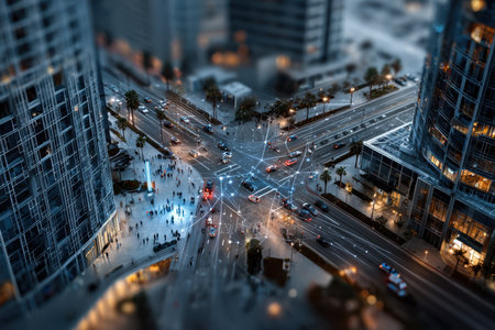 Bright city streets come alive at night with moving cars and gathered pedestrians in a vibrant urban landscape.の写真素材