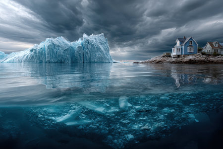 A house sits by the dark waters while large icebergs loom in the background beneath a cloudy sky.の写真素材