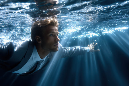 A man in formal attire swims gracefully beneath the surface of the water, surrounded by shimmering light rays.の写真素材