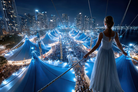 A girl in a white dress stands atop a rope, overlooking a lively festival with colorful tents and city skyline at night.の写真素材