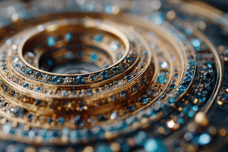 Detailed view of a collection of gold rings with blue gemstones, showing craftsmanship and sparkle.の写真素材