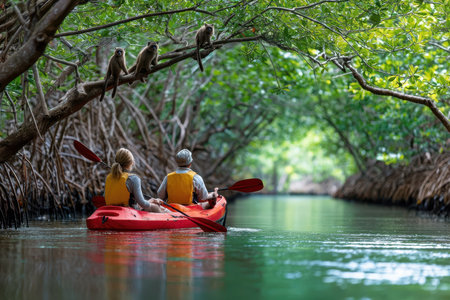 Two kayakers navigate a tranquil mangrove river as monkeys watch from the branches above.の写真素材