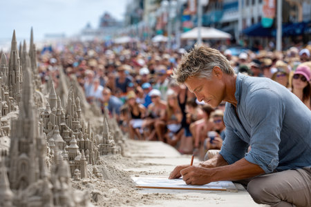 A talented sand sculptor carefully drafts his intricate castle design while a large audience watches eagerly.の写真素材