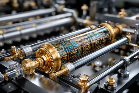 A detailed view of advanced machinery displaying a golden cylinder with intricate designs used in manufacturing.の写真素材