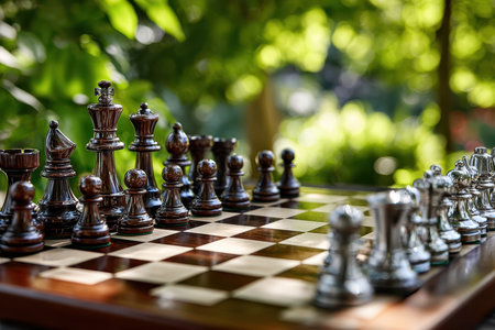 Chess pieces are arranged on a wooden board under lush greenery, highlighting an outdoor game in progress.の写真素材