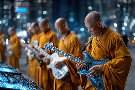 Monks in orange robes perform a captivating musical session amidst a modern city skyline at night.の写真素材