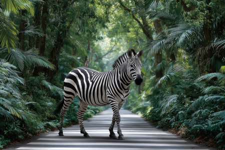 A zebra strolls down a pathway surrounded by lush green foliage, highlighting its striking black and white stripes.の写真素材
