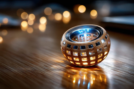 A glowing orb sits on a wooden table with bokeh lights in the backgroundの写真素材