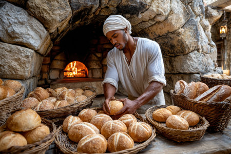 A skilled baker arranges freshly baked loaves in woven baskets near a glowing stone oven.の写真素材