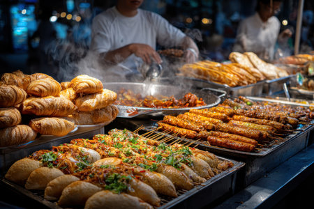 Closeup of various cooked foods displayed at an outdoor food stallの写真素材