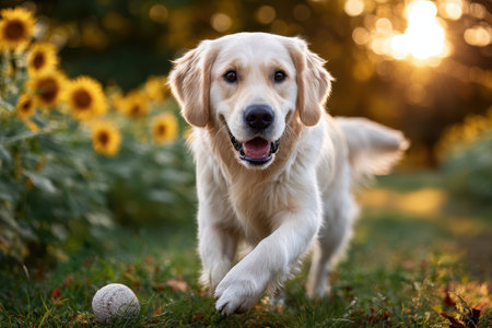 A golden retriever playing in a field of sunflowers during sunset, capturing joy and freedom, soft natural backlighting, shot with a wide-angle lens, where the dog suddenly finds a hidden toyの写真素材
