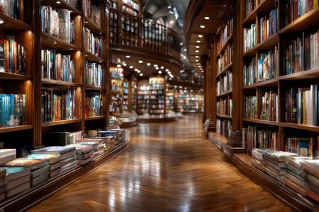 A long, curved aisle lined with bookshelves filled with books in a libraryの写真素材