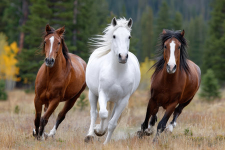 Three horses gallop through a field with fall foliage in the backgroundの写真素材