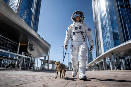 An astronaut in a space suit walks a cat on a leash through a modern cityscape on a sunny day.の写真素材