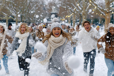 Groups of friends enjoy a snowy day, playing in the snow and throwing snowballs in a lively park setting.の写真素材