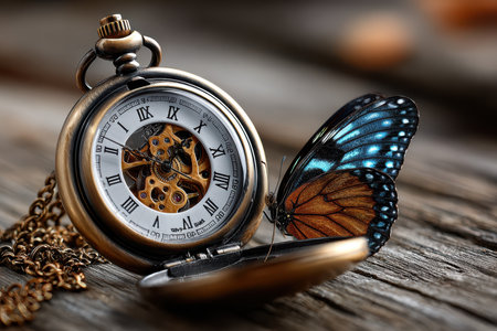 An antique pocket watch, shot in a rustic wooden setting, evoking a sense of nostalgia, under soft, warm lighting, using a macro lens, with a butterfly landing on it unexpectedlyの写真素材