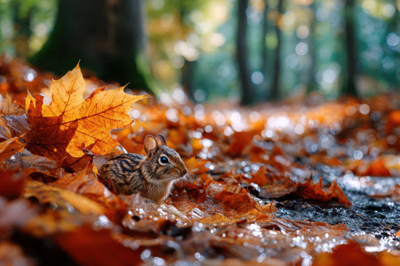 A small chipmunk sits among wet, colorful autumn leaves on a forest floorの写真素材