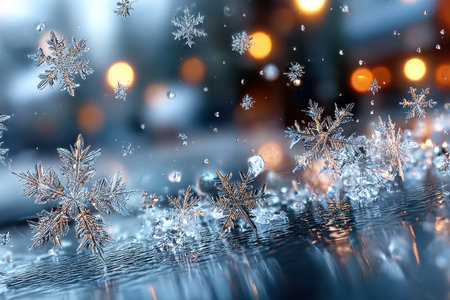 Closeup of snowflakes on a reflective surface with bokeh lightsの写真素材