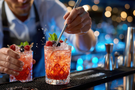 A bartender garnishes two cocktails with fresh berries and mint at a busy barの写真素材