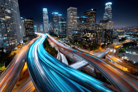 A long exposure photo of a city highway at night with light trailsの写真素材