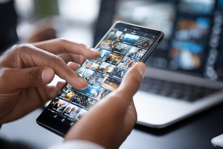 Individual examines a collection of digital images on their smartphone while seated at a workspace.の写真素材