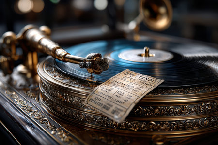 A beautifully ornate gramophone displays a ticket resting on the turntable in a warm ambiance.の写真素材