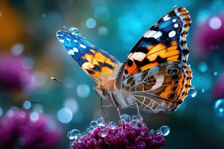 A colorful butterfly resting on a flower, captured in bright daylight with a macro lens, celebrating the wonders of natureの写真素材