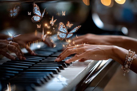 Delicate hands gracefully play a piano, surrounded by artistic butterflies in a softly lit space.の写真素材