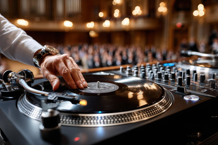 A DJ plays vinyl records at a vibrant gathering in a grand venue while guests enjoy the music.の写真素材