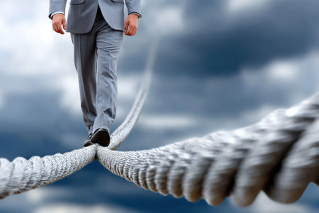 A businessman confidently walks along a tightrope under an overcast sky, showing balance and focus.の写真素材