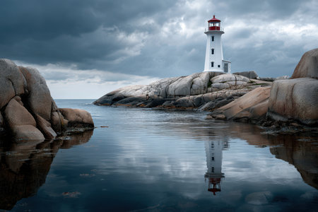 A lighthouse overlooks the water, reflecting in the calm ocean, surrounded by rugged rocks under gray clouds.の写真素材