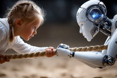 A young girl and a humanoid robot experience a fun tug of war, showcasing human-robot interaction at a technology fair.の写真素材