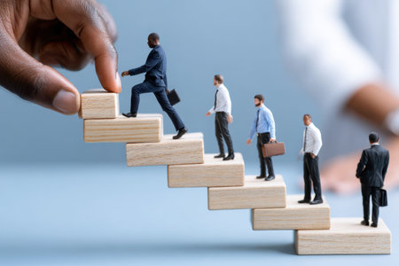 A hand moves a miniature businessman up wooden steps while other figures look on, representing growth.の写真素材