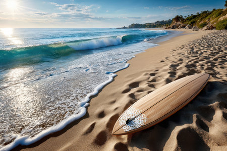 A wooden surfboard lies on the sandy shore as waves gently lap at the beach during sunset, creating a serene atmosphere.の写真素材