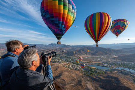 Two photographers showcase vibrant hot air balloons ascending over mountains and lakes in morning light.の写真素材
