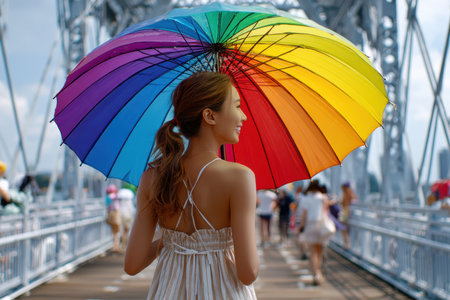 A woman carrying a rainbow umbrella strolls along a bridge on a sunny day with visitors around.の写真素材