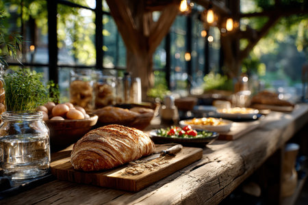 A rustic wooden table laden with a variety of breakfast foods in a sunlit roomの写真素材