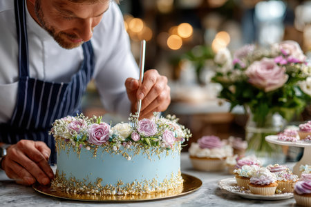 A pastry chef adds floral decorations to a pastel blue cakeの写真素材