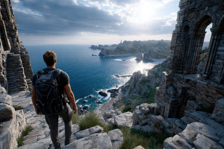 Explorer stands on ancient ruins overlooking a stunning coastline bathed in warm evening light.の写真素材